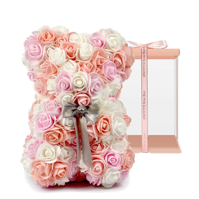 ASENVER Hand Made Artificial Flowers Rose Bear Pure Color for Valentine Birthday and Mother's Day with a 10" Pink Gift Box (Multi Color-Peach Love) - Image 1
